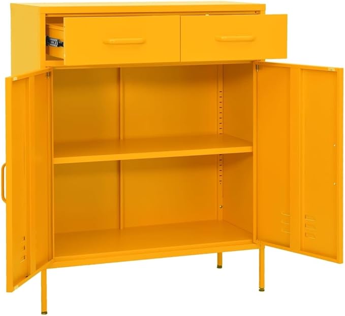 Mustard Yellow Steel Storage Cabinet with Adjustable Shelves and Feet, Large Capacity for Books and Multimedia, Durable Construction with Wall Attachment for Enhanced