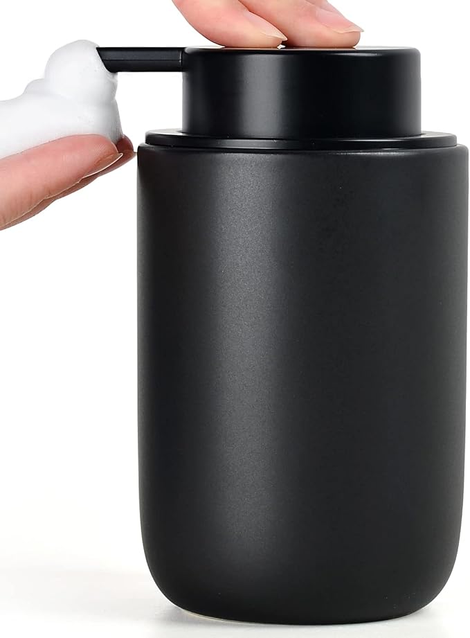 BosilunLife Black Foam Soap Dispenser, Hand Pump Dispenser for Kitchen Sink | Ceramic Foaming Hand Wash Dispenser for Bathroom Modern Farmhouse Small Soap Dispenser Lotion