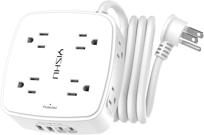 6 Ft Surge Protector Power Strip - 8 Widely Outlets with 4 USB Ports, 3 Side Outlet Extender with 6 Feet Extension Cord, Flat Plug, Wall Mount, Desk USB Charging Station, ETL,White