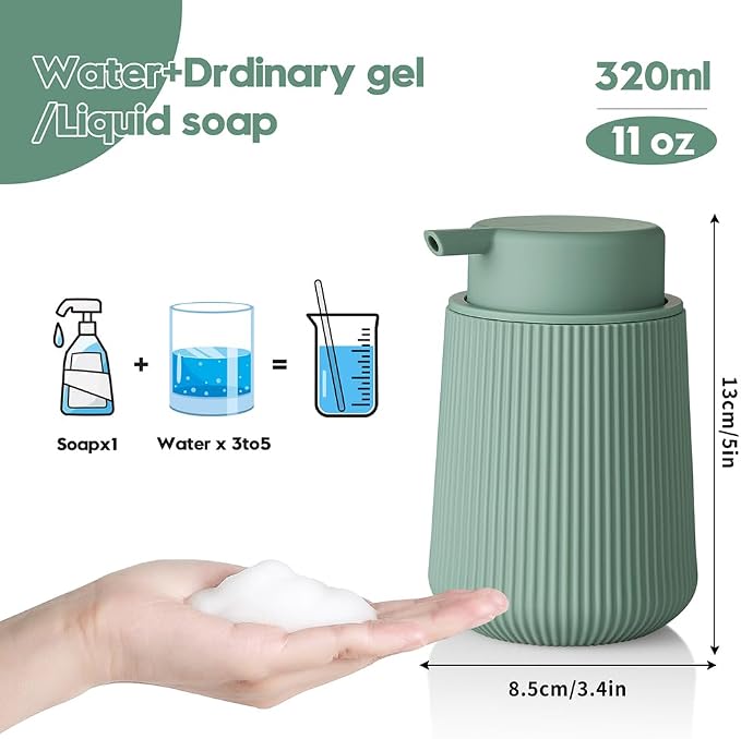YAUKPH Striped Foaming Hand Soap Dispenser with Leak-Proof Pump for Bathroom and Kitchen Countertop 11oz Sage Green