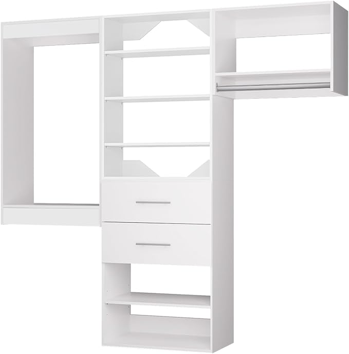 ROOMTEC Modular Closet System, 96" Wall Mounted Modern Closet Organizer with Hanging Rods and Drawers, Wooden Tower for Walk-In Closets, Wardrobe Storage Kit, White
