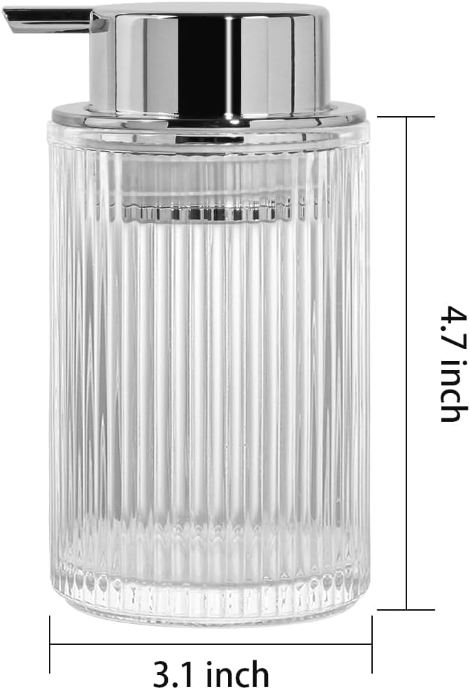 Foaming Soap Dispenser, Clear Glass Foam Soap Dispenser, 12 Oz Refillable Glass Foam Pump Bottle Container Decorative Slim Ribbed Bottle for Bathroom and Kitchen