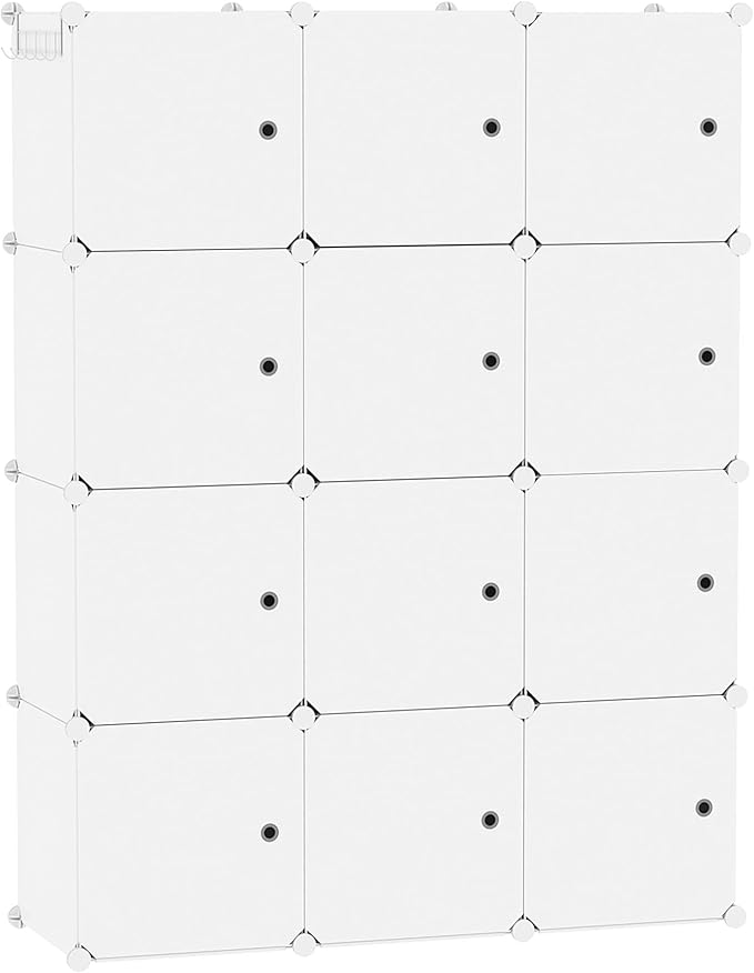 C&AHOME Cube Storage Organizer with Doors, 12-Cube Shelves, Closet Cabinet, DIY Plastic Modular Bookshelf Ideal for Bedroom, Living Room, 36.6”L x 12.4”W x 48.4”H Milky USHS3012M-DOOR