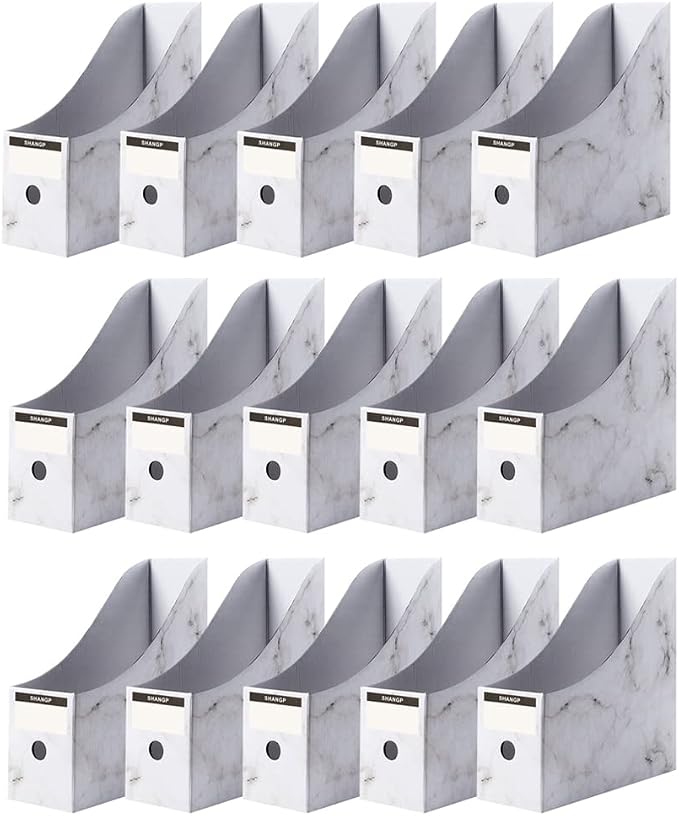 Foldable Desk File Holder Organizer Sturdy Cardboard Magazine Storage Box Document Rack with Blank Label Stickers for Home School Office (15, Marble)