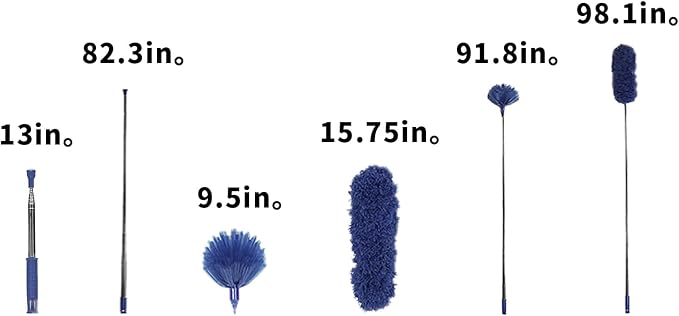 ZZ LAZYCOTTAGE Cobweb Duster with ExtensionPole, Washable Cleaning Duster Kit with 2 DusterHeads, Cobweb Duster, Corner Brush, Telescoping Pole for Ceiling Fan (Blue)