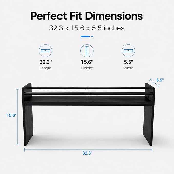 Ekisemio 32.5" Wooden Spice Rack Shelf for Kitchen Stove, Black | Solid wood top | Steel side tubes | 50 lb capacity | Raised front edge | Easy assemble | Wipe clean