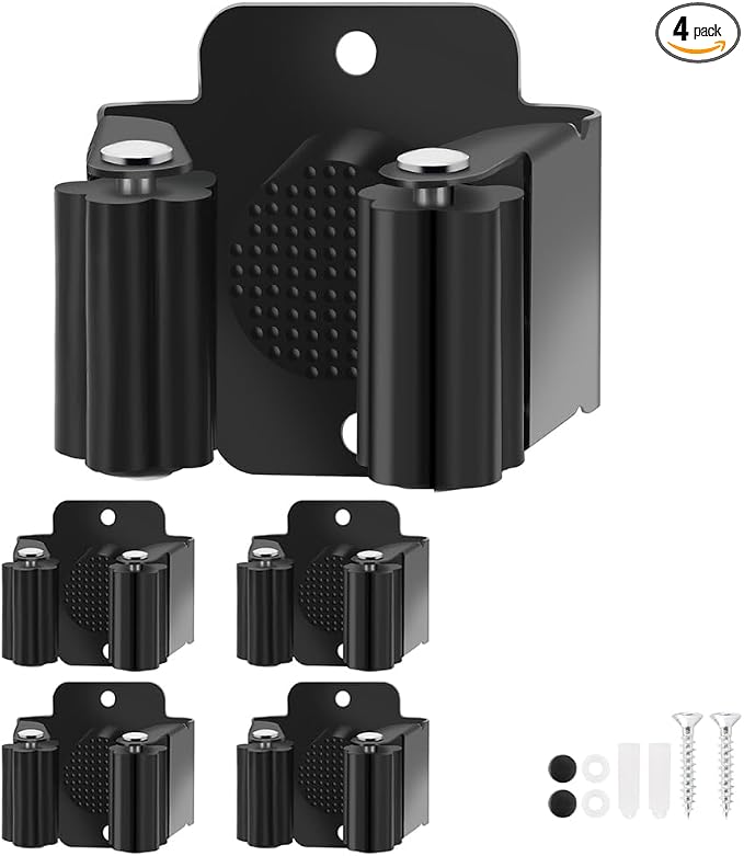 Broom Holder Wall Mount, 4PCS Broom Hanger Wall Mount, Stainless Steel Heavy Duty Mop Holder Broom Mop Hanger Wall with Screws, Garden Outdoor Tool Organizer Rack Broom Hanger (Black)