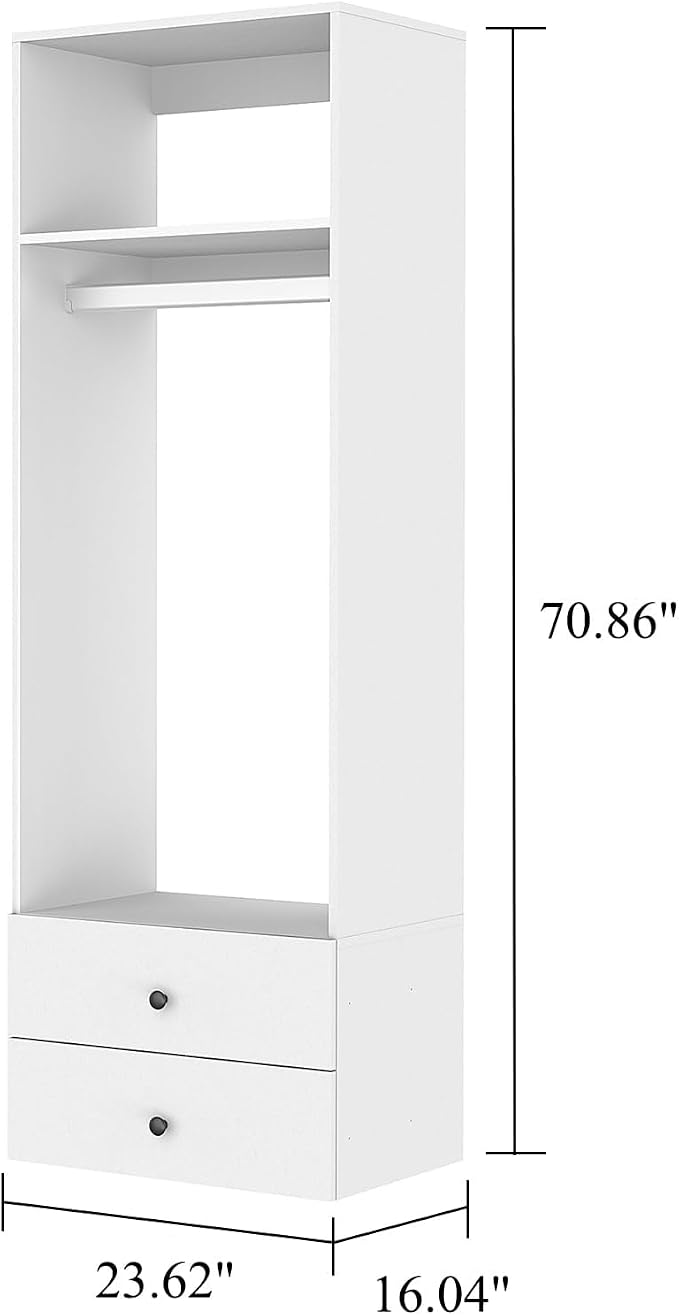 GraceGrove 71" High Modular Wooden Closet Organizer System with Shelves &2 Drawers, Wall Mount Shelving with Haning Rod, Walk in Closet Bedroom Organization,Closet Organizers and Storage, White