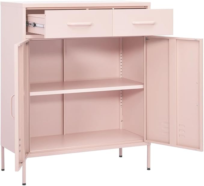 Pink Steel Storage Cabinet with Two Drawers and Adjustable Shelves, Medium Rectangular Organizer for Living Room Bedroom Office, Durable Metal Furniture with Levelers