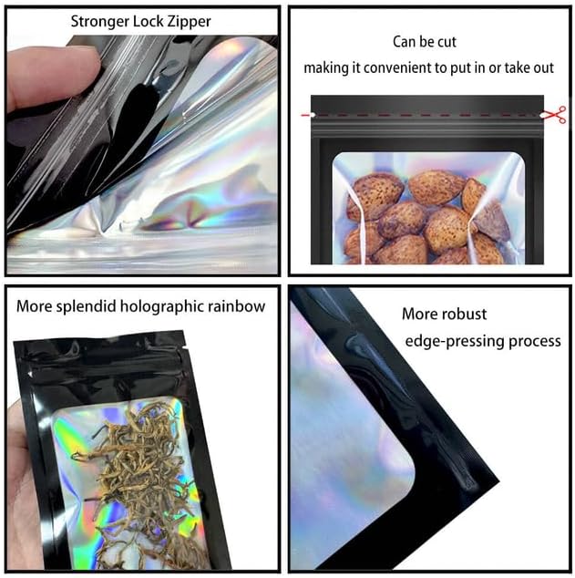 100 Pack Mylar Holographic Packaging Bags Resealable Candy Bags with Clear Window Foil Pouch Bag for Lipgloss, Jewelry, Sample Bag for Small Business (Black, 3x4.7 Inch)