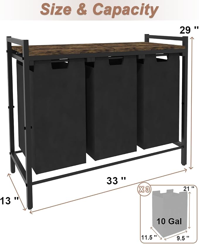10 x 3 Gal Large Laundry Hamper with 3 Pull-Out & Removable Sorter Bags, Freestanding Clothes Basket Organizer for Clothing or Toys in Bathroom and Living Room, Rustic Brown and Black