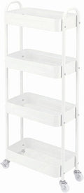 4 Tier Slim Kitchen Storage Cart for Narrow Space, 7.1'' Wide Metal Rolling cart with Wheels and Lockable Casters, Sturdy Mobile Thin Shelf for Laundry Room Between Washer and Dryer, White