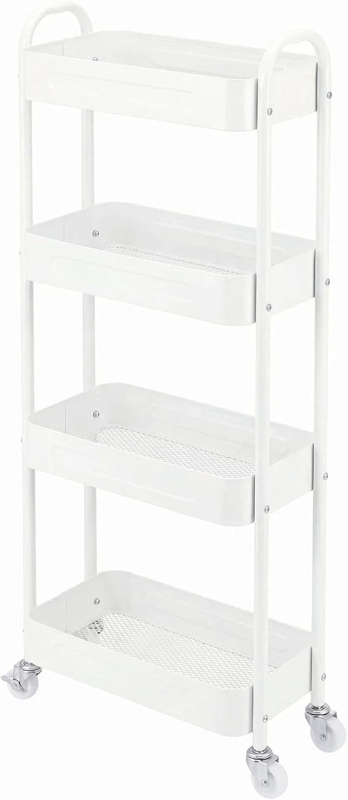 4 Tier Slim Kitchen Storage Cart for Narrow Space, 7.1'' Wide Metal Rolling cart with Wheels and Lockable Casters, Sturdy Mobile Thin Shelf for Laundry Room Between Washer and Dryer, White