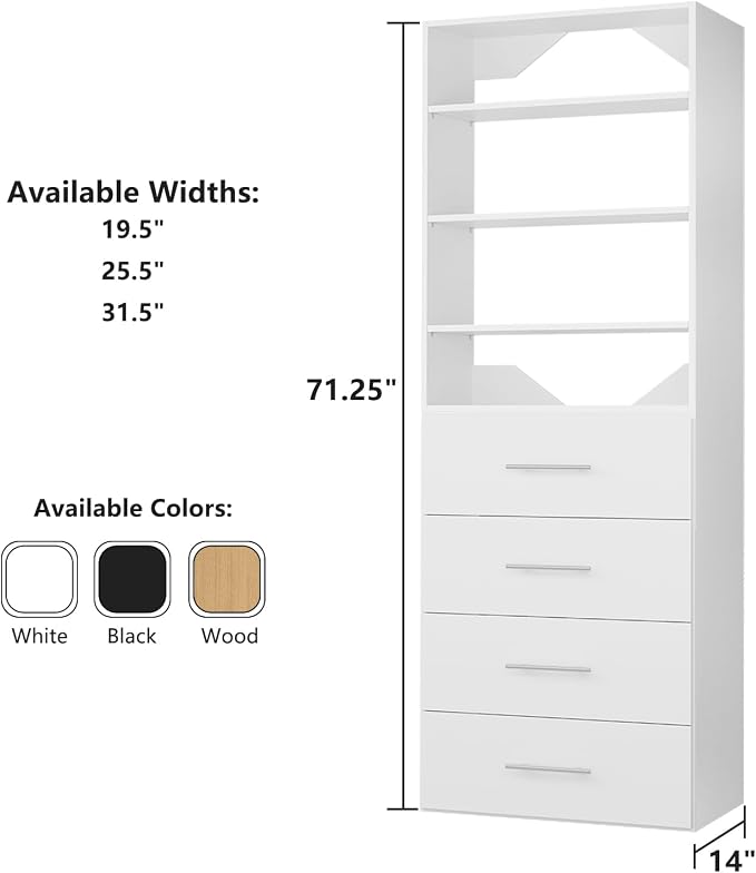 ROOMTEC Modular Closet System, 19.5" 4 Drawer Shelf Closet Tower Wall-Mounted Closet Organizer, Wooden Tower for Walk-In Closets, Wardrobe Storage Kit, White