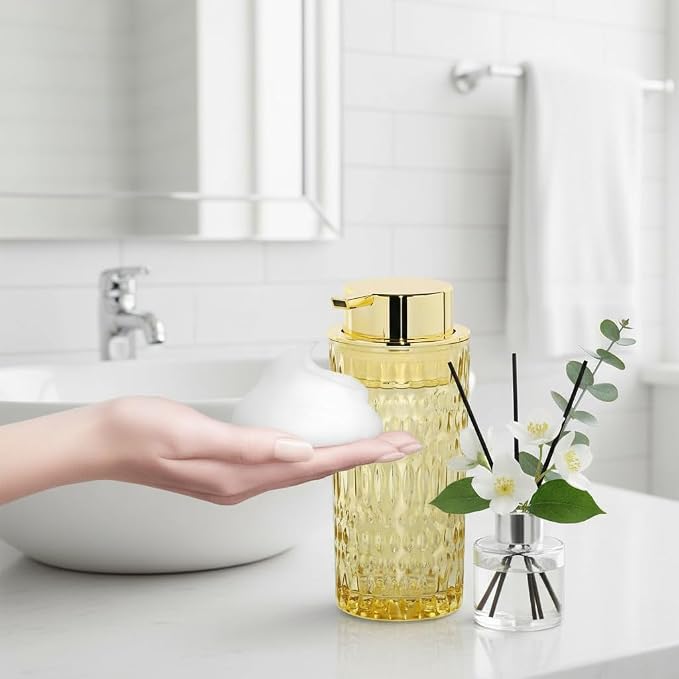 Foaming Soap Dispenser, Amber Glass Soap Dispenser, 14 Oz Refillable Foam Soap Dispenser Pump Bottle Container for Bathroom Kitchen Countertop Decor