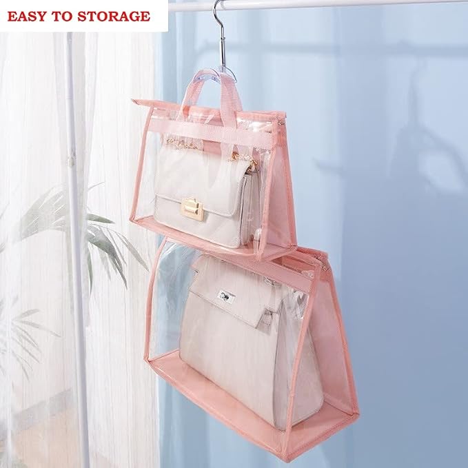 Handbag Dust Bags Clear Purse Storage Organizer for Closet Small to Extra Large Handbags Dust Free Bags Hanging Zipper Storage Bag with Hooks, (Pink, 4 Sizes-4PCS)