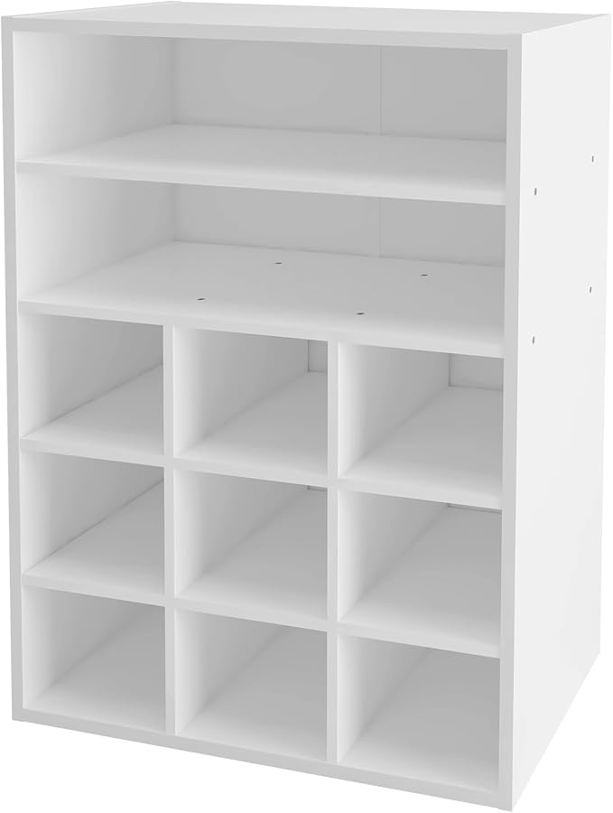 HAIOOU Shoe Cubby, 9-Cube Stackable Wood Shoe Rack Organizer 24 Inch, White | 5-Tier Freestanding Shoe Stand with 2 Storage Shelf, Holds 10-15 Pairs, Ideal for Apartment, Entryway, Closet Organization
