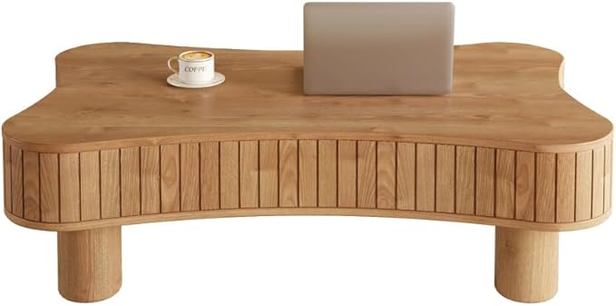 Lift Top Coffee Table with Hidden Storage Fluted Panel Silent Hydraulic Lift Curved Corners (Light Brown)