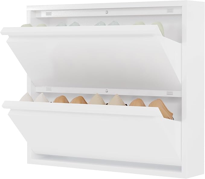 Garvee Slim Metal Shoe Cabinet with 2 Flip Drawers, Narrow Shoe Storage for Entryway, Wall Mounted or Floor Standing, Detachable Bottom Corners for Flexible Placement, Anti-Tip Safety Wall Mount