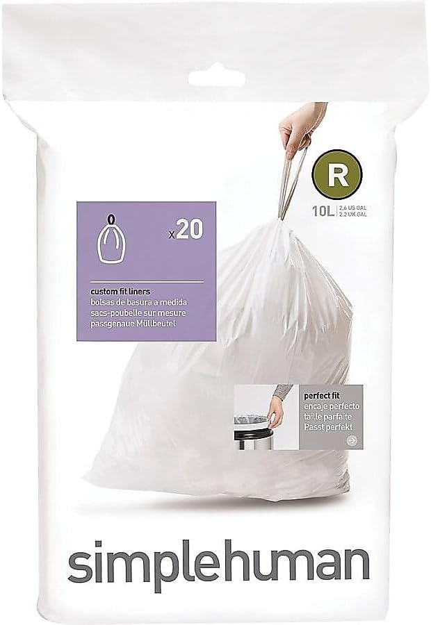 simplehuman Code R Custom Fit Drawstring Trash Bags, 10 Liter / 2.6 Gallon, 12 Refill Packs (240 Count)