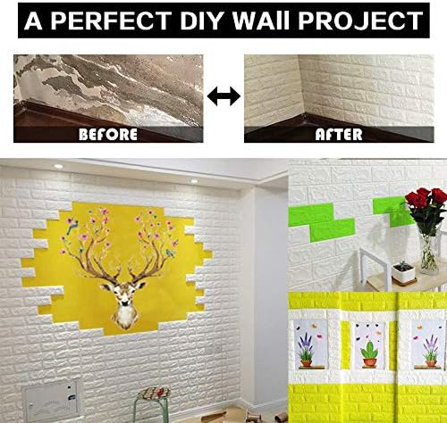 3D Wall Panels Peel and Stick, 14.5 Sq Ft Coverage,Printable Faux Brick Wallpaper Sticker with Self-Adhesive Waterproof Foam for Interior Wall Decor, Bathroom, Home Decoration (10 Pcs) (White)