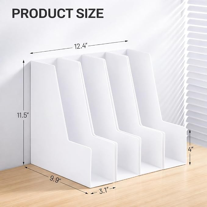 CiWiVOKi Vertical Magazine File Holder, 4 Pack, White | Desktop File Organizers for Magazines, Binders, Notebooks and Paperwork with Space-Saving Vertical Storage