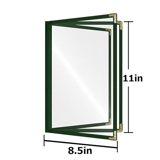 Goodsmart Restaurant Menu Covers – 25 Pack Green 3-Page/6-View 8.5" x 11", Side-Loading Vinyl Menu Holders, Clear Sleeves, Double-Stitched Edge, Leather-Style Café Covers with Gold Corners