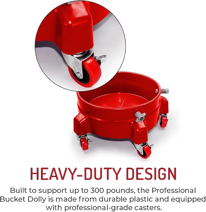Heavy Duty Car Wash Bucket Dolly with 360° Swivel Casters | Fits 3.5–7 Gallon Buckets | 300 lb Capacity | Soap Holder | Rolling Pail Stand for Auto Detailing |Black