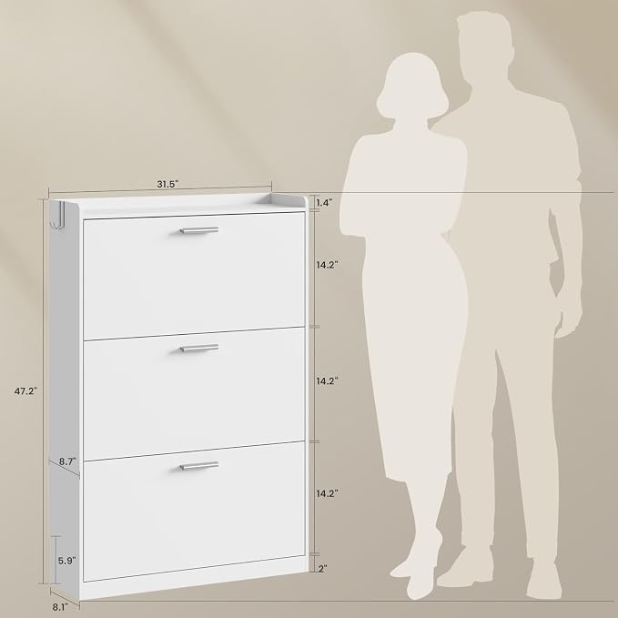 Shoe Cabinet Organizer with 3 Flip Drawers, Freestanding Shoe Storage Cabinet, Adjustable and Removable Dividers, 31.5"W x 8.7"D x 47.2"H Narrow Shoe Rack for Entryway, Foyer, Hallway, White