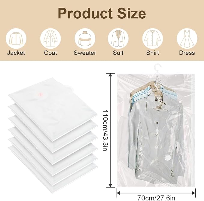 Flintronic Hanging Vacuum Storage Bags, 6pcs 110x70CM Vacuum Compression Zipper Storage Bags, Space Saver for Clothes, Suits, Dresses, Coats or Jackets