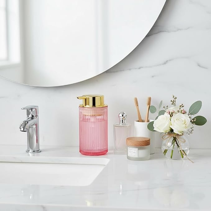 Foaming Soap Dispenser, 12 Oz Pink Glass Foam Hand Soap Dispenser, Refillable Glass Foam Pump Bottle Container Decorative Slim Ribbed Bottle for Bathroom and Kitchen
