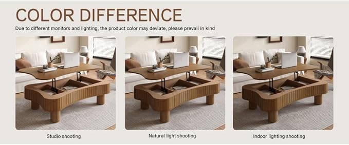Lift Top Coffee Table with Hidden Storage Fluted Panel Silent Hydraulic Lift Curved Corners (Walnut)