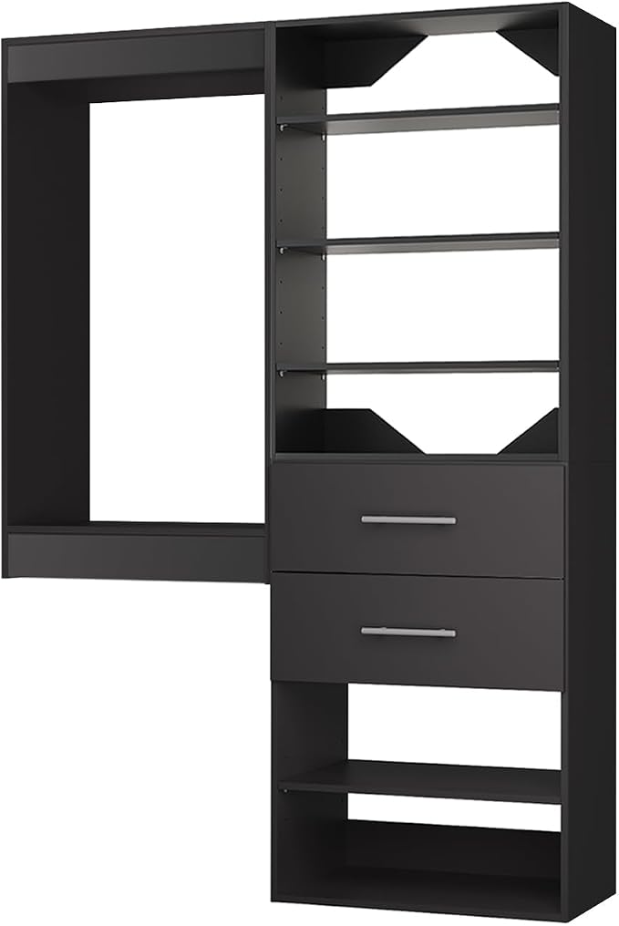 ROOMTEC Modular Closet System, 55" Wall Mounted Closet Organizer with Hanging Rods and Drawers, Wooden Tower for Walk-In Closets, Wardrobe Storage Kit, Black