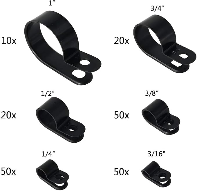 Cable Clamp 200 Pcs Black Nylon Screws Plastic R-Type Cable Clamp Clips Fasteners Assortment for Cable Conduit 6 Sizes 3/16" to 1"