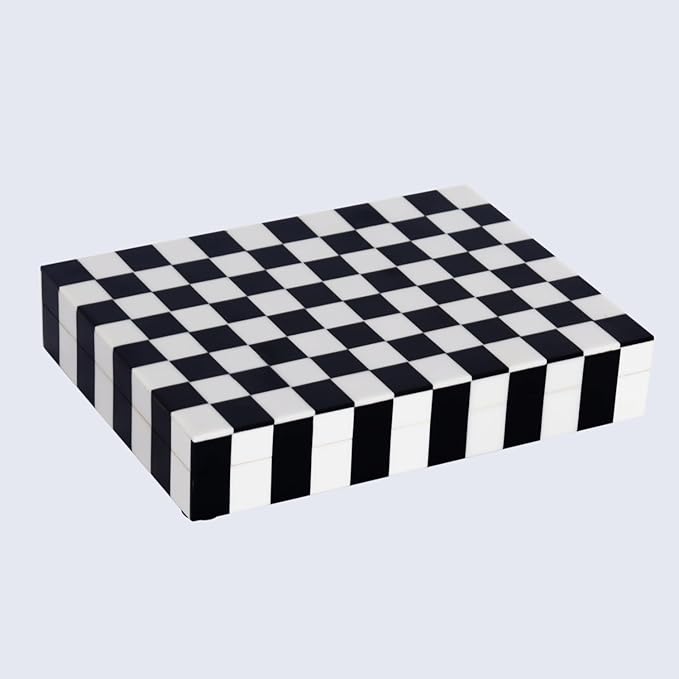 Handicrafts Home Decorative Storage Box with Lid, Black and White Decorative Box for Remote Controls, Slim Coffee Table Storage Box for Shelf, Desk & Living Room Decor, Puzzle Check 8 x 6 x 1.5 Inch