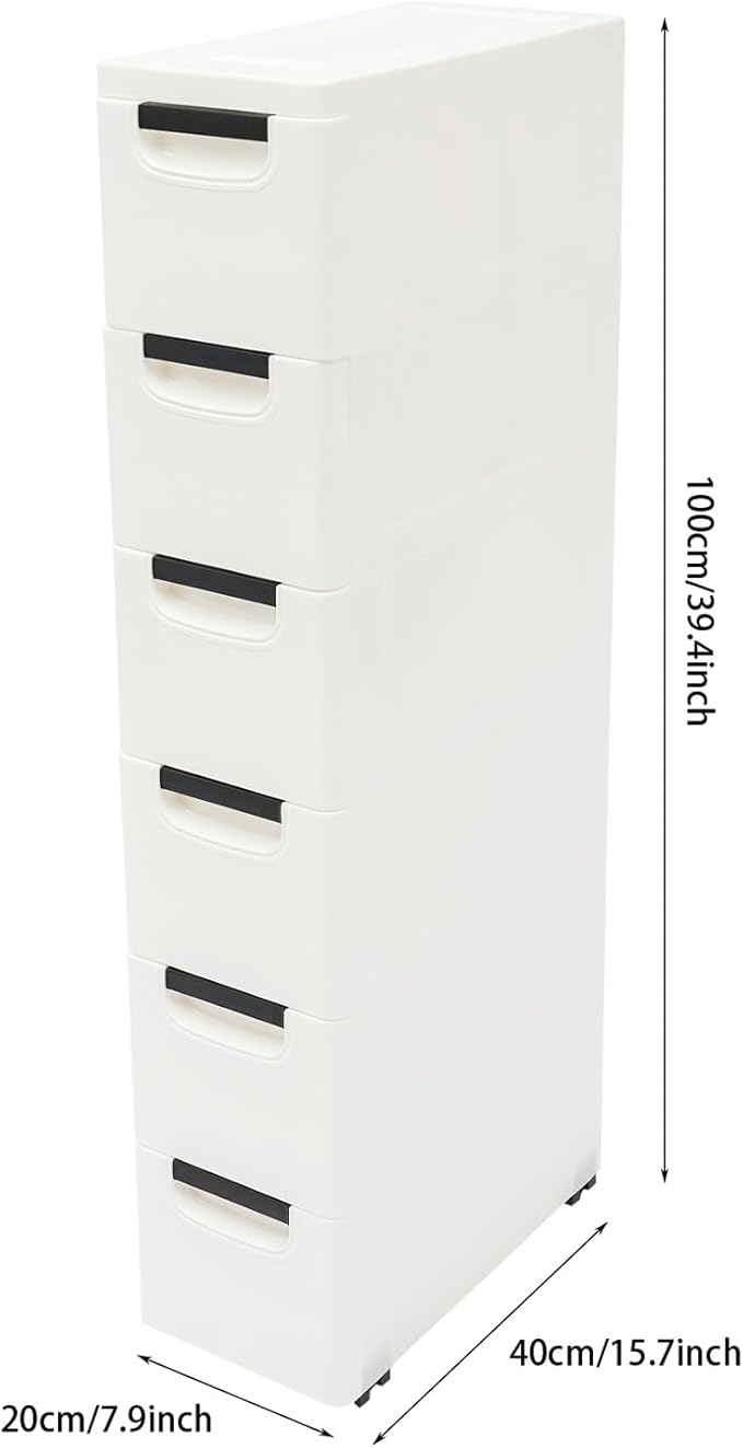6 Drawers Narrow Storage Cabinet, Stackable Plastic Storage Tower Slim Utility Organizer for Kitchen Bathroom Living Room Office (White)