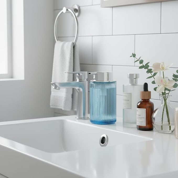 Foaming Soap Dispenser, Bathroom Blue Glass Foam Soap Dispenser, Refillable 12 Oz Foam Pump Bottle Container with Pump, Decorative Slim Ribbed Dish Soap Dispenser for Kitchen