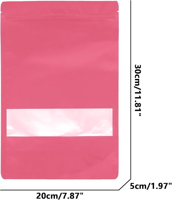50PCS Foil Pouch Mylar Bags with Clear Window,ULIFESTAR Stand Up Sealable Bags with Tear Notches,Resealable for Food,Party Favors,Gift Packaging and Small Business(20 * 30cm/7.87 * 11.81",Pink)