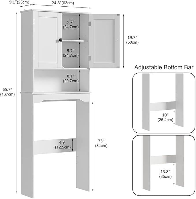 RRX Over The Toilet Storage Cabinet, Bathroom Above Organizer (Pure White) | Free Standing Toilet Rack with Adjustable Shelf and Open Storage, Double Doors, Space Saver, 24.8" L x 9.1 "W x 65.7 "H