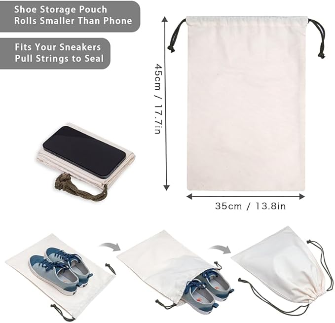 Canvas Shoe Bags for Travel, 2 Pcs, 17.7x13.8in, Beige | Drawstring, Dust Proof, Washable, Shoe Organizers