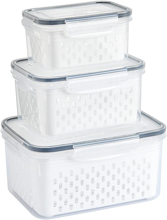 Srliya Pack of 3 Drain Storage Basket, Transparent LeakProof Food Storage Containers with Removable Strainer for Refrigerator