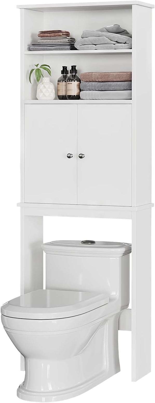 Extra Tall Over The Toilet Storage Cabinet for Bathroom, 75in Storage Organizer Over Toilet with Adjustable Shelf, Space Saver with Open Shelf, White