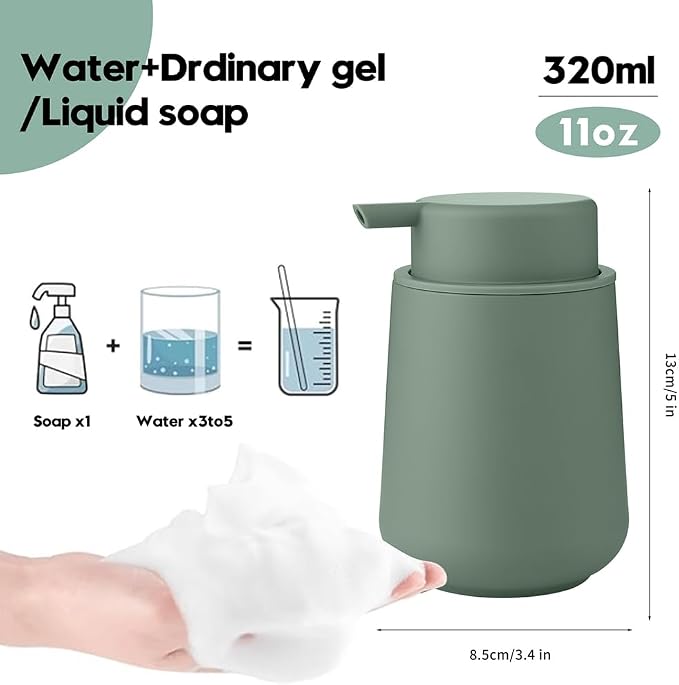 YAUKPH Sage Green Foaming Hand Soap Dispenser Plastic 11 oz - Modern Minimalist Style for Bathroom & Kitchen Countertop Refillable
