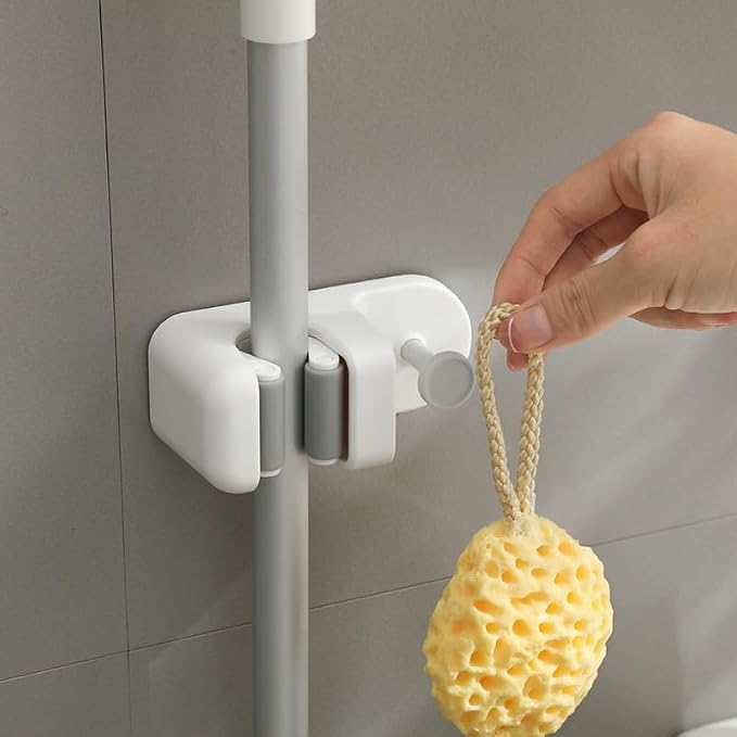 So Nice Mop and Broom Holder (No Drill & Strong Adhesive) Wall Mount with Key Hook, All-in-One Organizer for Bathroom & Kitchen (Holds Towels & Sponges), Fits 0.75-1.2 Inch Handles, White