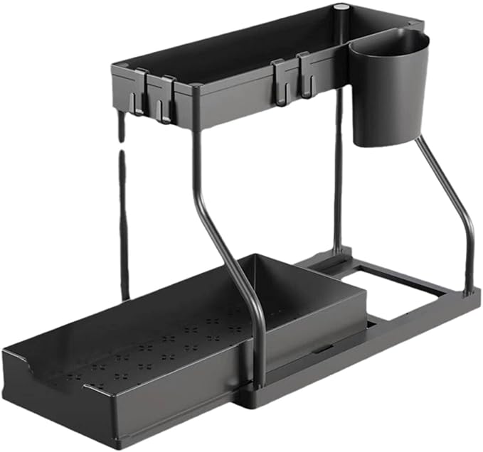 Under Sink Organizers and Storage, 2-Tier Sliding Cabinet Basket Organizer with Hooks, Multi-Purpose Under Sink Organizers and Storage for Bathroom Kitchen (Black, 1 PC)