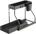 Under Sink Organizers and Storage, 2-Tier Sliding Cabinet Basket Organizer with Hooks, Multi-Purpose Under Sink Organizers and Storage for Bathroom Kitchen (Black, 1 PC)