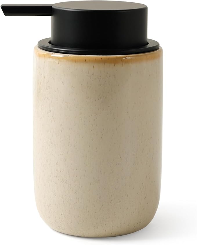 BosilunLife Lotion Pump Dispenser for Bathroom, Kitchen, Countertop | Hand Soap Dispenser Bathroom Ceramic Dish Liquid Soap Dispenser (Greige with Speckle, Liquid Pump)