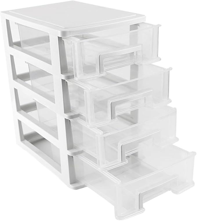 4 Tier Plastic Drawer Type Closet,Portable Storage Cabinet Sundries Storage Cosmetics Jewelry Storage Box for Home Office（White）