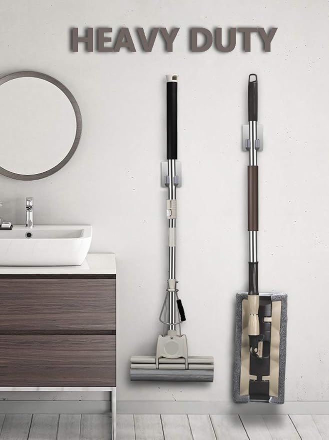HANZE 4 Pack Stainless Steel Mop Broom Holder Organizer, Self Adhesive Wall Mounted Mop Organizer Storage Rack Clip for Kitchen Bathroom and Garage (Rectangle, Large)