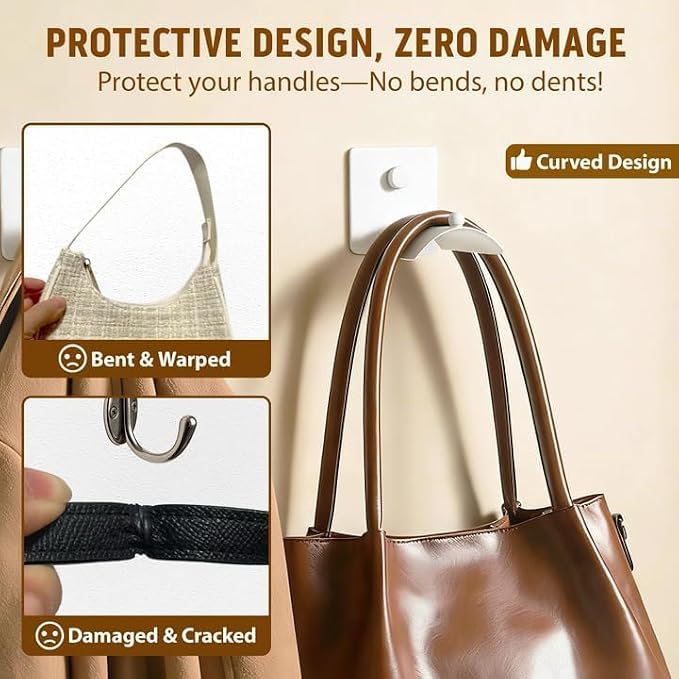 Wall Mounted Purse Organizer for Closet – Arc Handbag Holder Protects Handles & Saves Space, Adhesive or Screw Mount, Purse Hanger for Bedroom, Entryway, Office & Closet Storage (White)